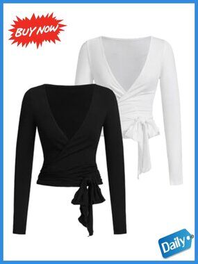 Viscose Elastane V-Neck Long Sleeve Wrap Top Tie Front Ballet Pilates Yoga Shirt